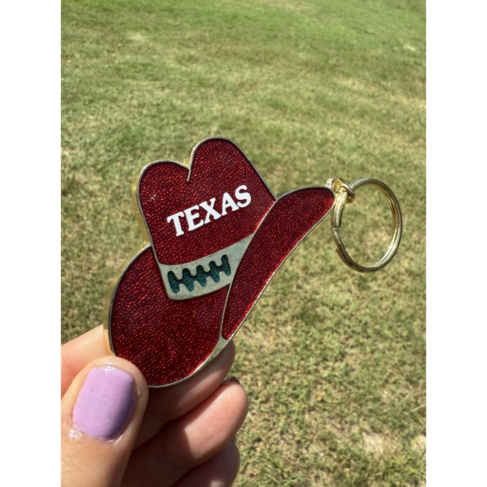 Vintage TEXAS Red Cowboy Glitter Sparkle Hat Key Ring 3”x 2” tall